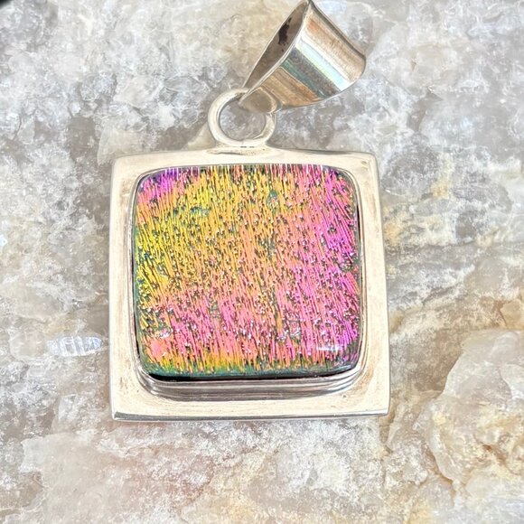 Art Glass Dichroic Glass & Sterling Silver Pendant Pink & Lime Green - Picture 4 of 4